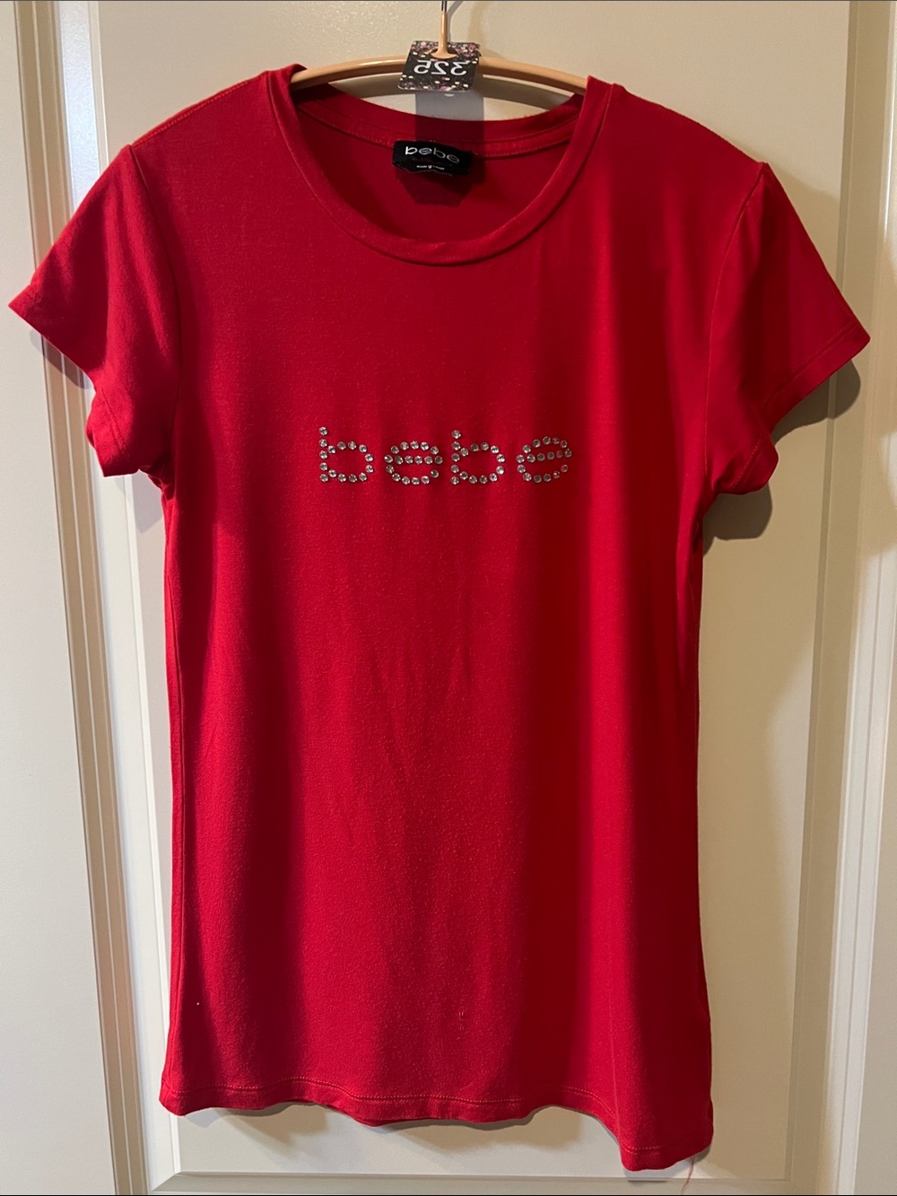 bebe Red Short-Sleeve Rhinestone Logo Tee